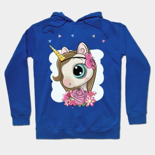 Cute little unicorn girl with big eyes and flowers on blue background Hoodie